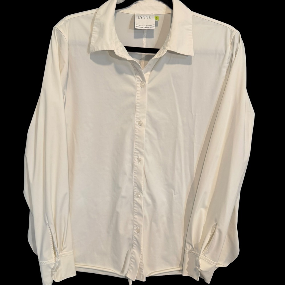 Lysse Women White Long Sleeve Button Down Stretch Shirt Schiffer Top Large